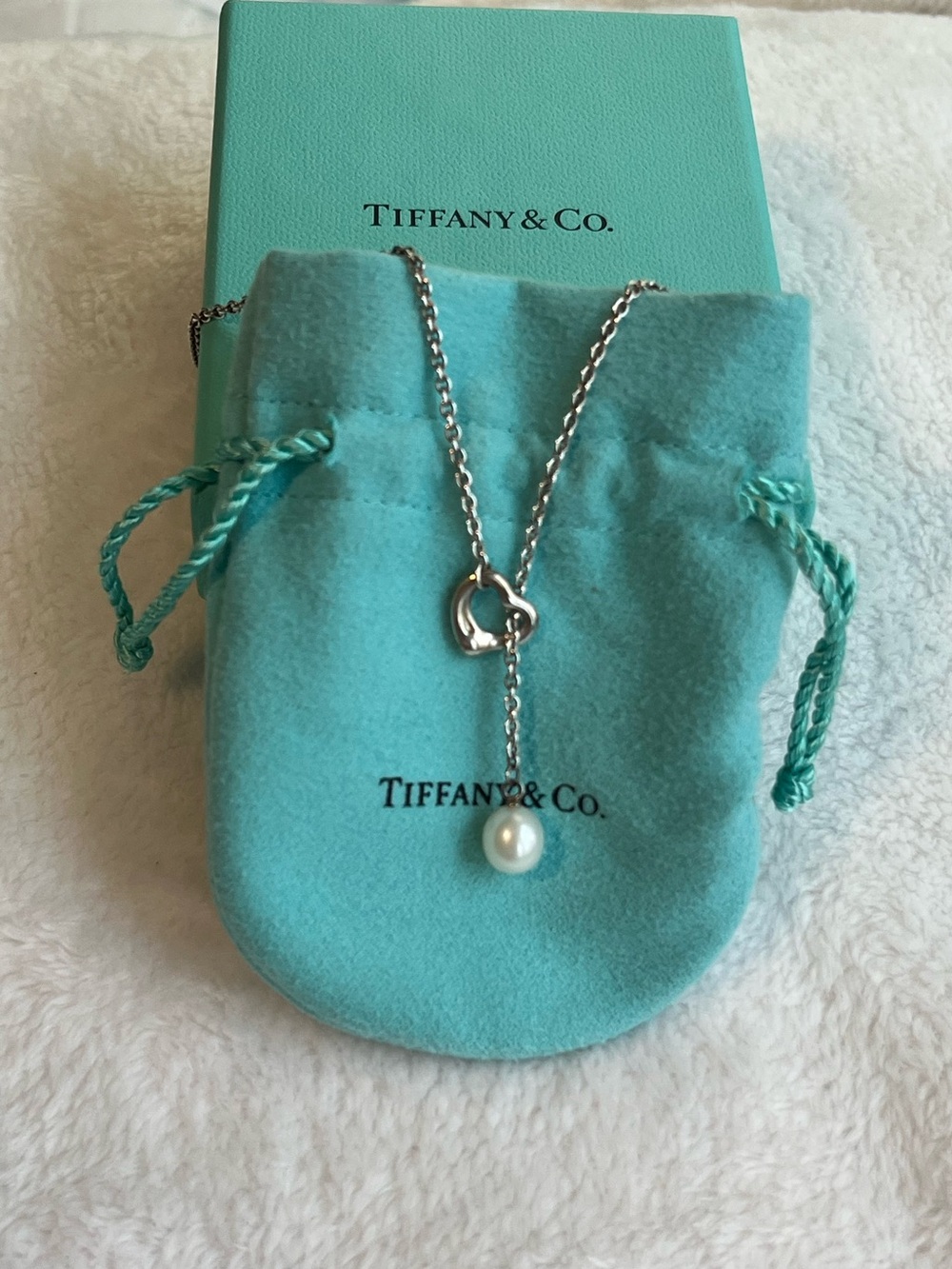 Tiffany & Co. Silver Open Heart Lariat Necklace with Pearl - Elsa Peretti